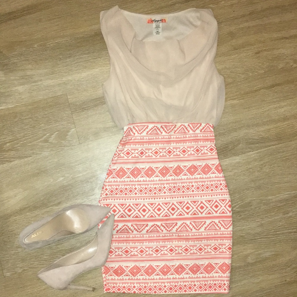 Orange aztec and nude cocktail dress